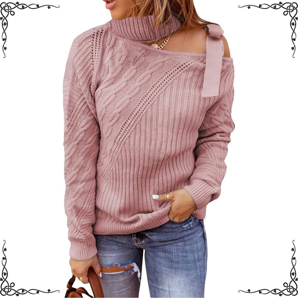 Rose Pink Cold Shoulder Knit Sweater Bke People Turtleneck Jumper Buckle Free L
